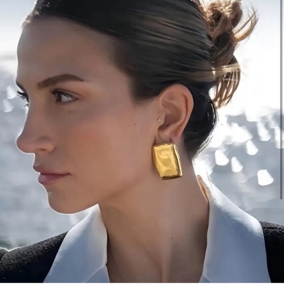 Gold Rectangle Earrings - Picture 8 of 15